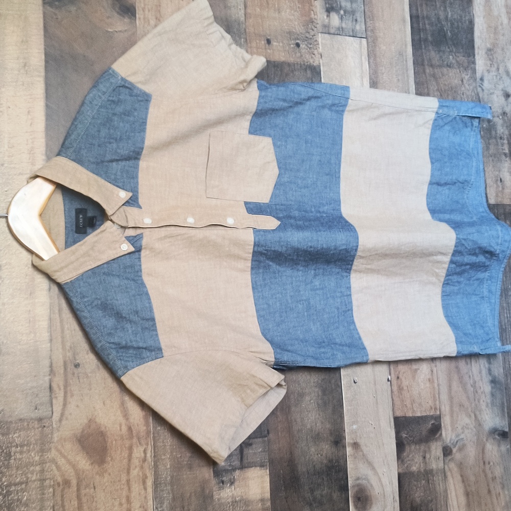 J.Crew Chambray Beige And Denim Color Block Short Sleeve Popover Shirt Sz Med